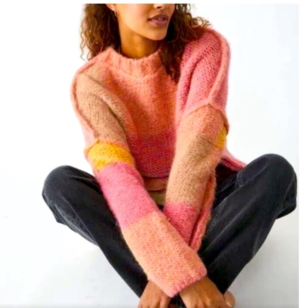 NWT FREE PEOPLE DOMINO OVERSIZED KnitSWEATER Pink Sunset alpaca wool blend small - Picture 2 of 13